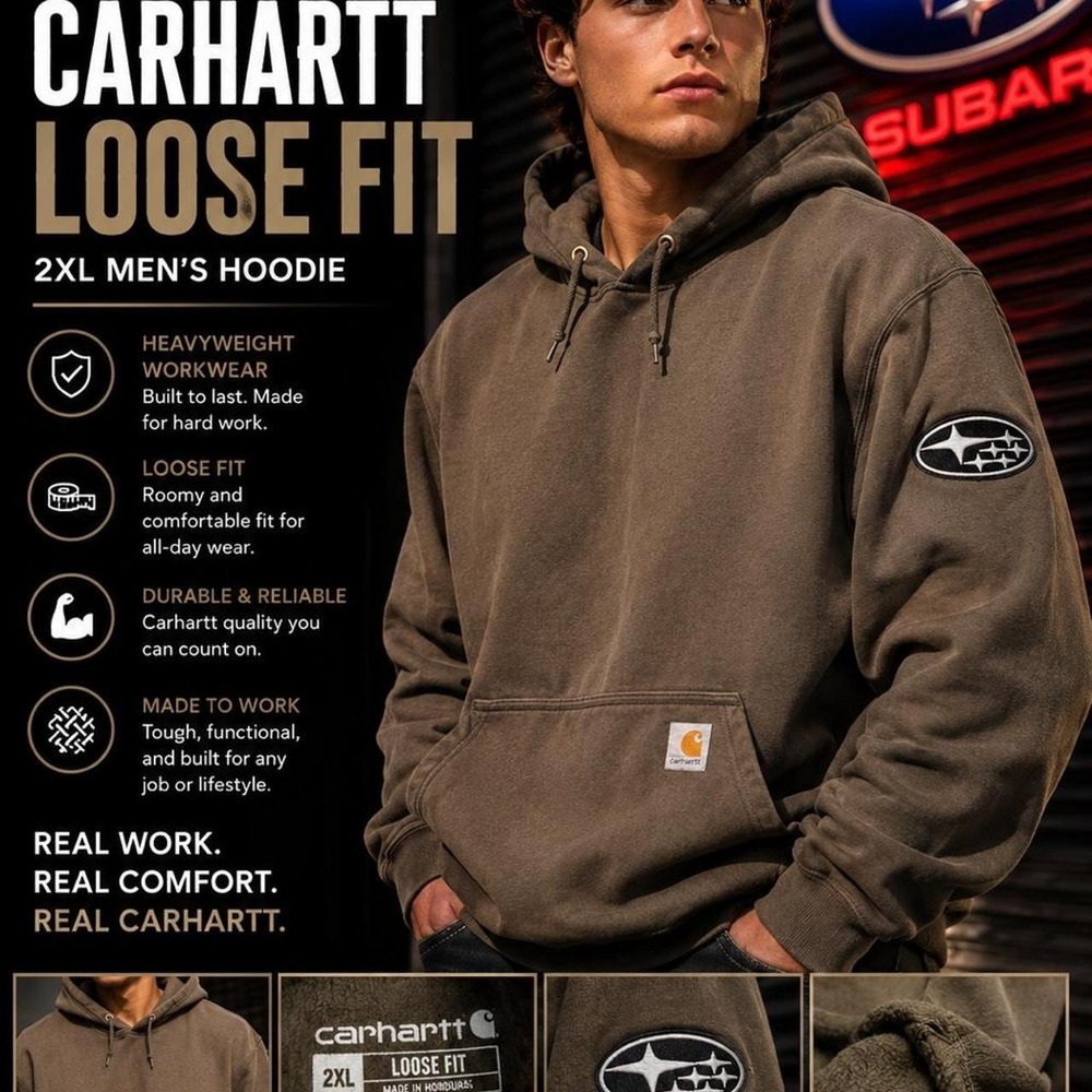 Carhartt Loose Fit Hoodie Subaru‎ Logo Brown 2XL Men's Heavyweight Sweatshirt